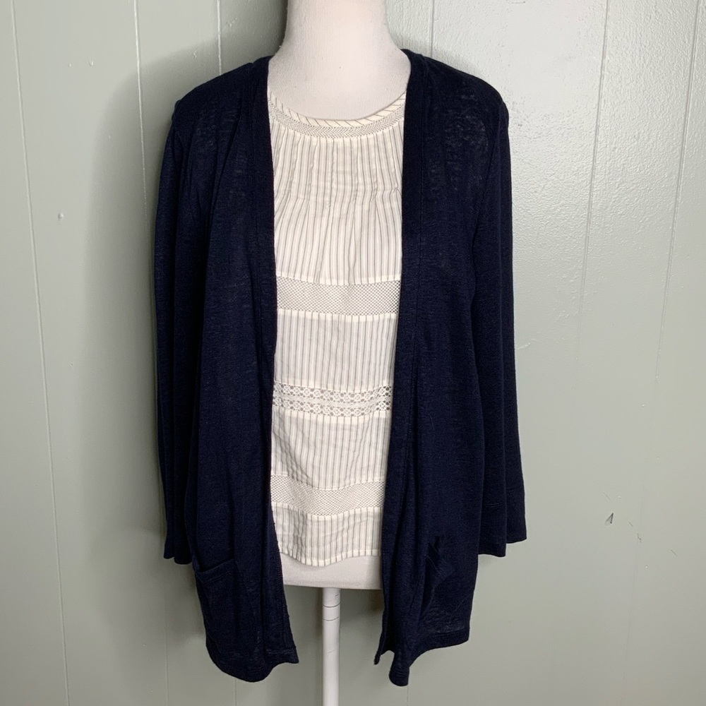 Talbots Linen Blend Navy Blue Open Lightweight Casual Business Cardigan Small